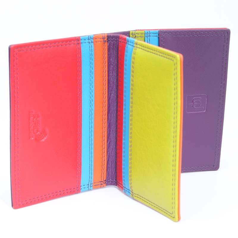 A colorful leather wallet shown open, featuring vertical stripes in red, light blue, orange, purple, and lime green, with a purple back cover. The brand logo is embossed on the red interior panel.