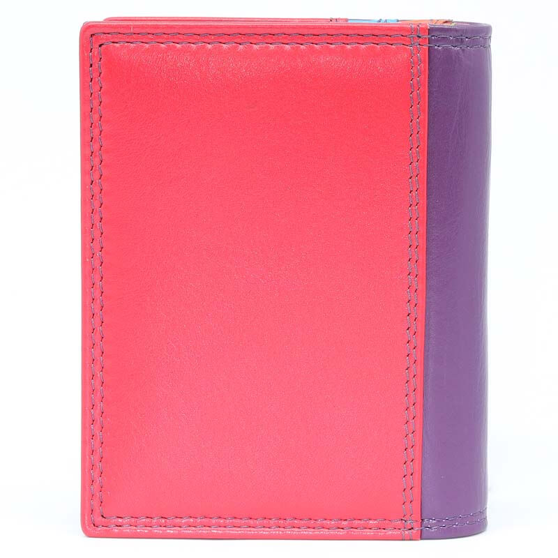 Grape Jade London real leather credit card holder shown closed from the back , featuring a bright pinkish-red main panel and a contrasting purple spine edge