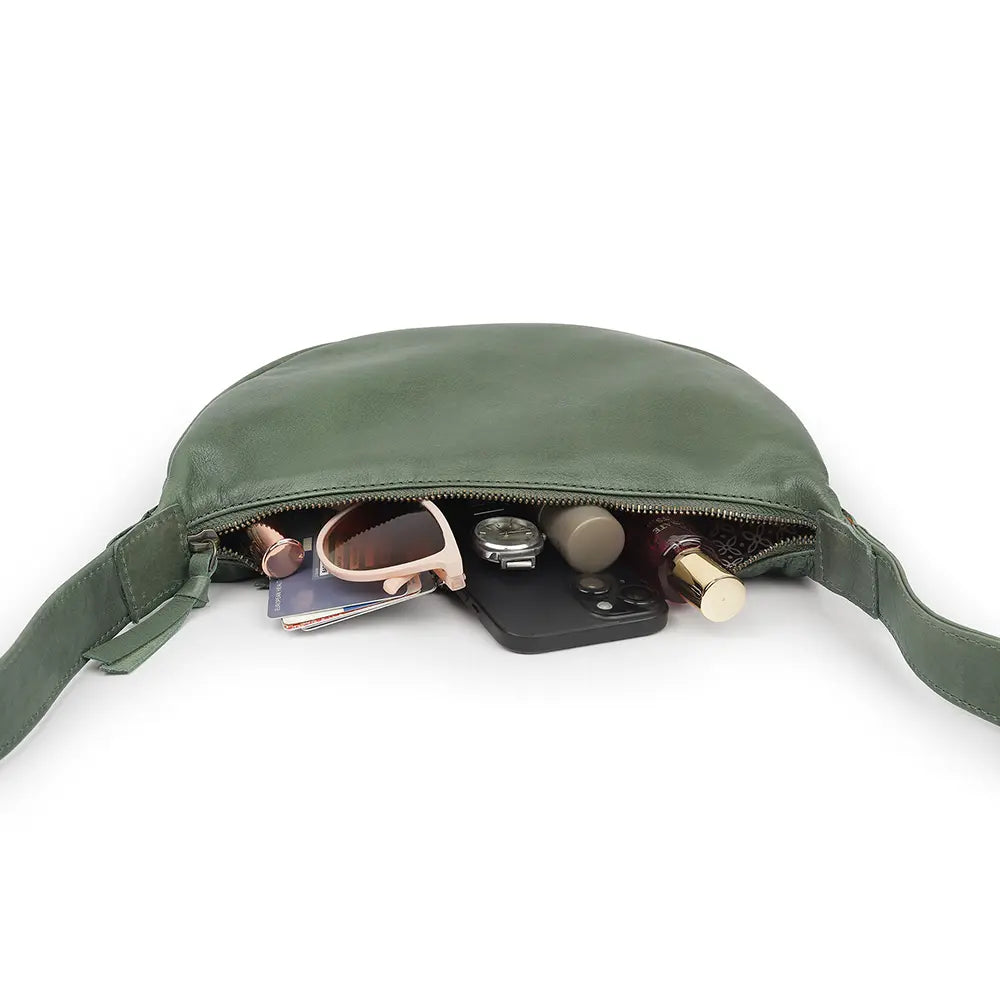 Green Leather Half Moon Bag Washed Cancun 05