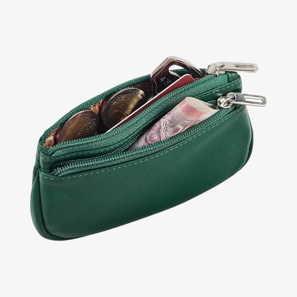 Green Leather Double Zip Coin Purse Inside View 