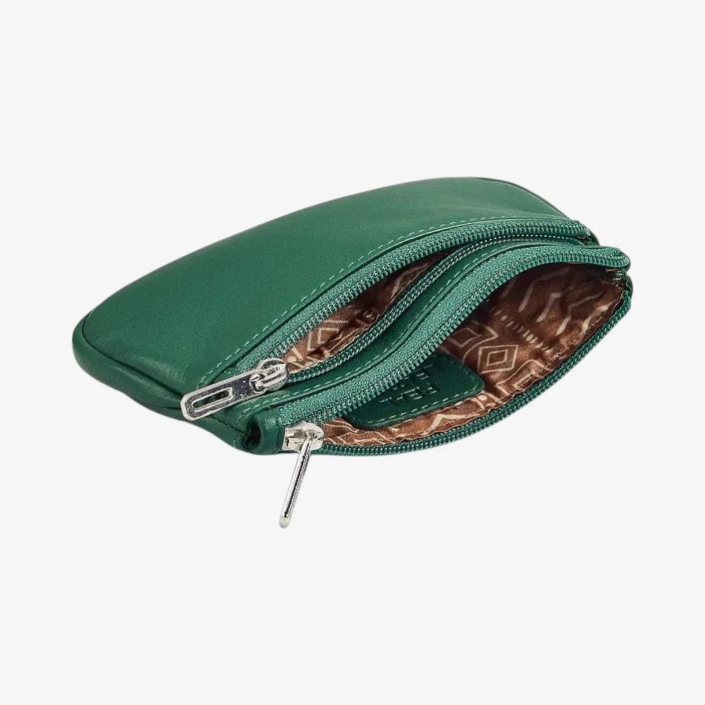 Black Leather Double Zip Coin Purse Open View 