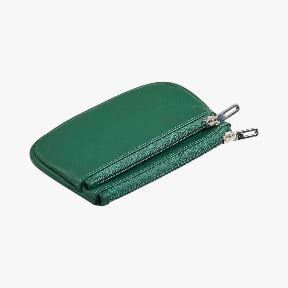 Black Leather Double Zip Coin Purse Top View 