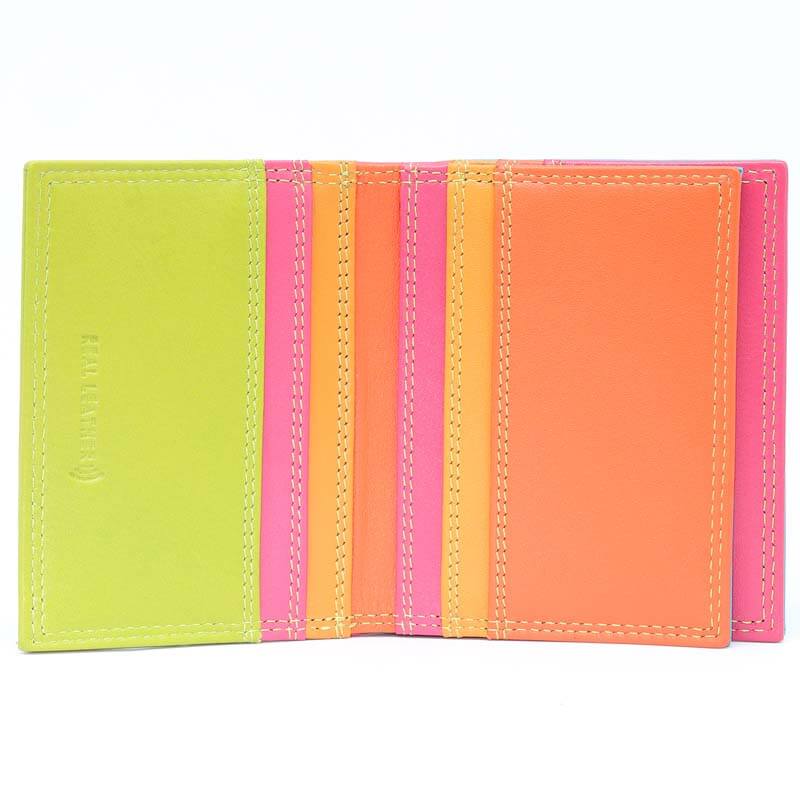 Green Jade London real leather credit card holder interior, a vibrant multicolor design, featuring lime green, pink, orange, and yellow panels with matching contrast stitching.
