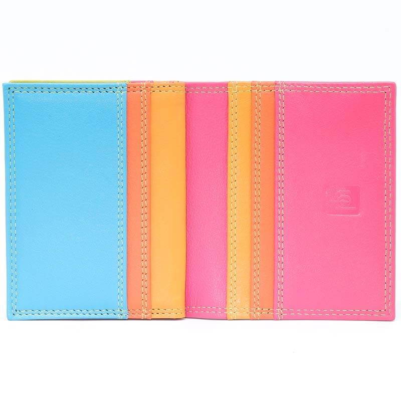 green Jade London real leather credit card holder, featuring vertical panels of light blue, orange, pink, and bright pink with matching contrast stitching and a debossed logo on the right side.