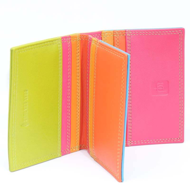 Green Jade London real leather credit card holder, shown open, featuring vibrant panels of lime green, hot pink, orange, and light blue, with white contrast stitching and a debossed logo on the pink panel.