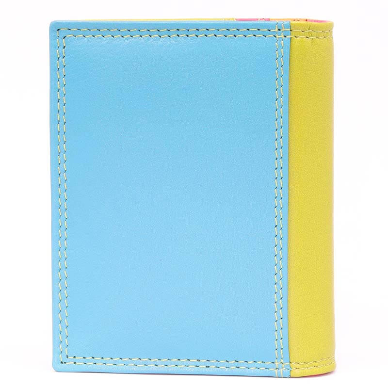 Green Jade London real leather credit card holder back view, panel with light blue stitching, a bright yellow side panel, and hints of pink and green at the top edge, shown on a plain white background.