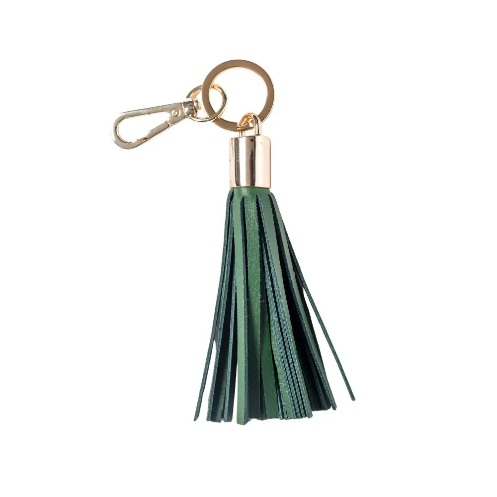 Green keychain with gold clasp on a white background