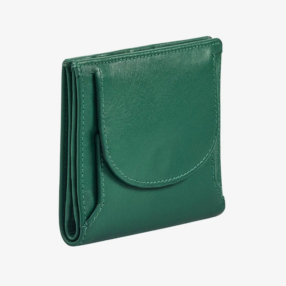 Compact green leather coin tray wallet with press stud closure 