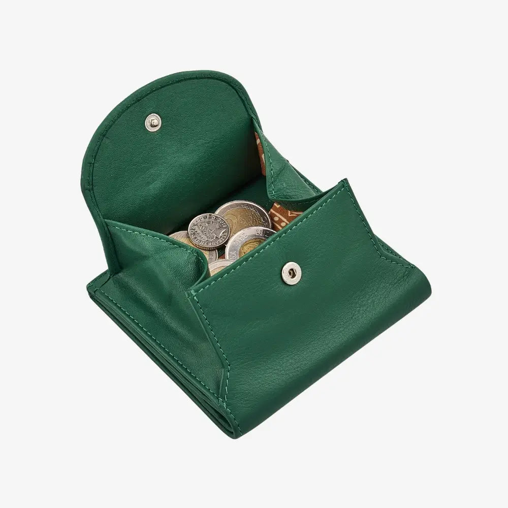 Green leather wallet with coin tray, card slots and note section 