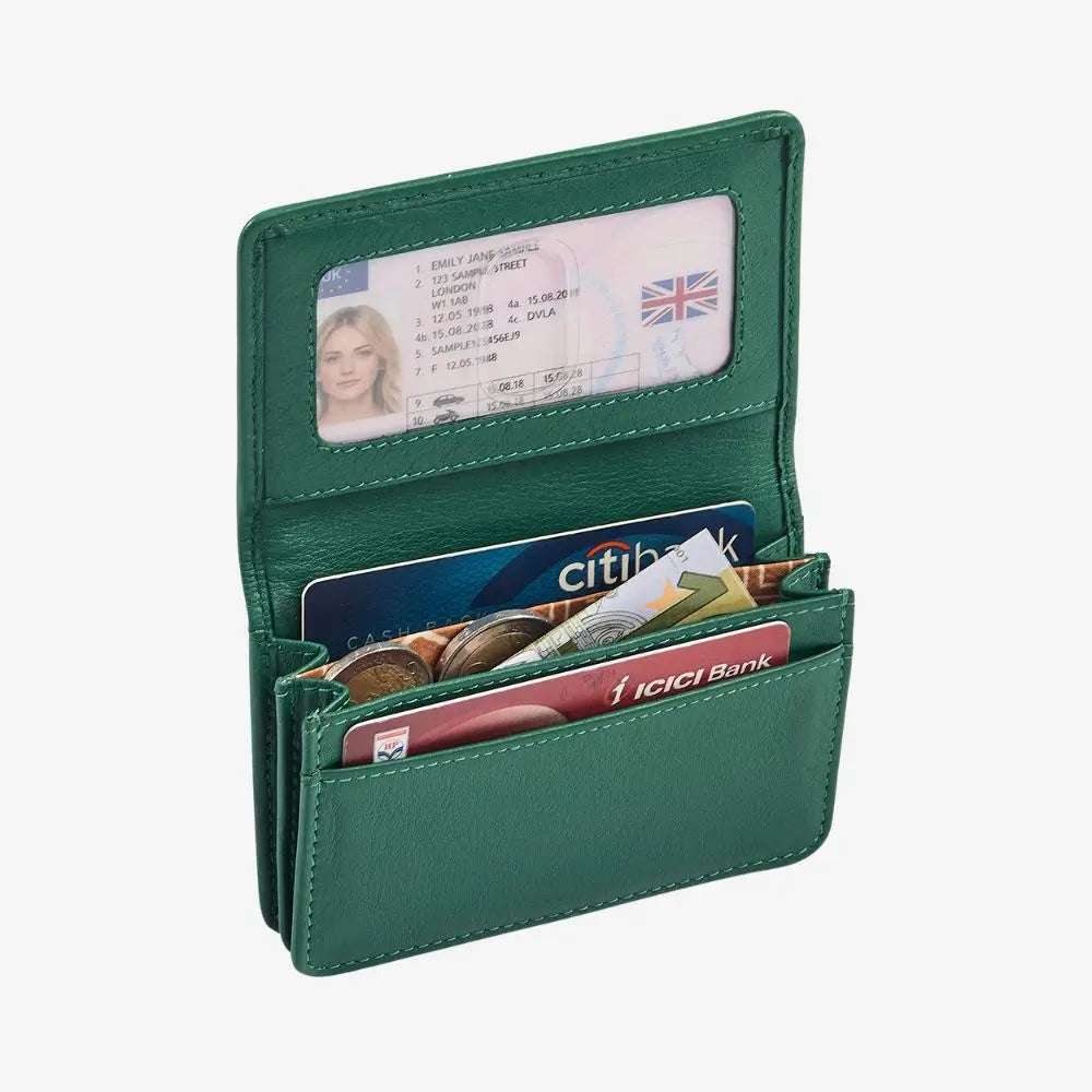  Green leather card holder with two card slots and note sections