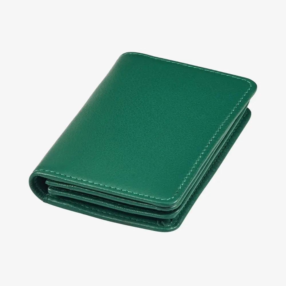 Compact green real leather RFID card holder