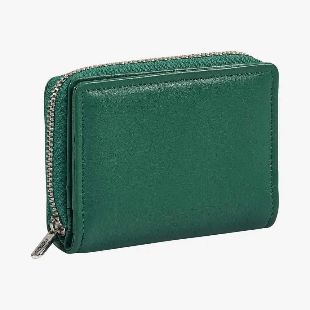 Green leather zip card wallet for women