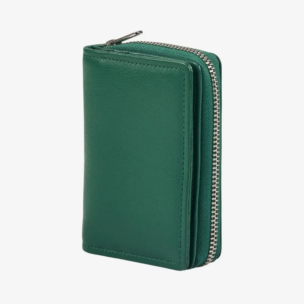 Green leather zipped card holder with RFID protection
