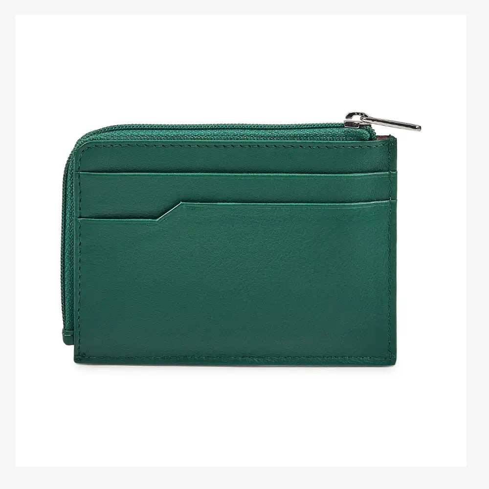 Green real leather zip card holder with five card slots