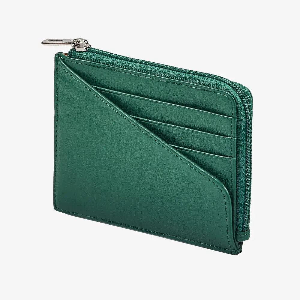 Green real leather card holder wallet with zip compartment