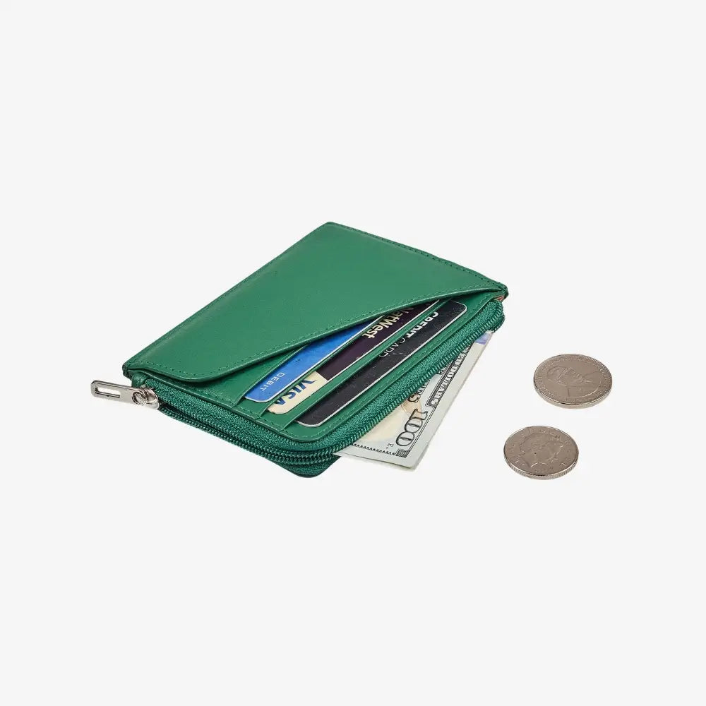 Green leather zip wallet for women with coin pocket