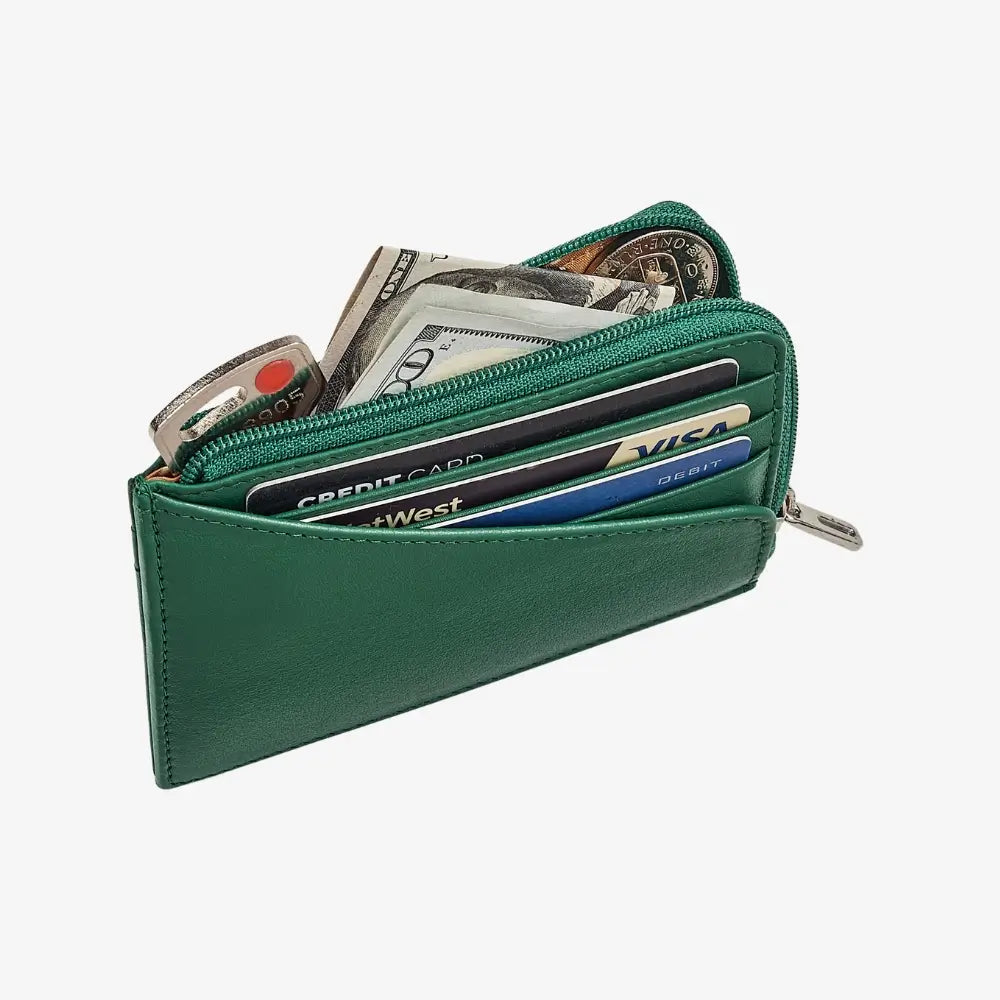 Slim green leather zip card holder for everyday essentials