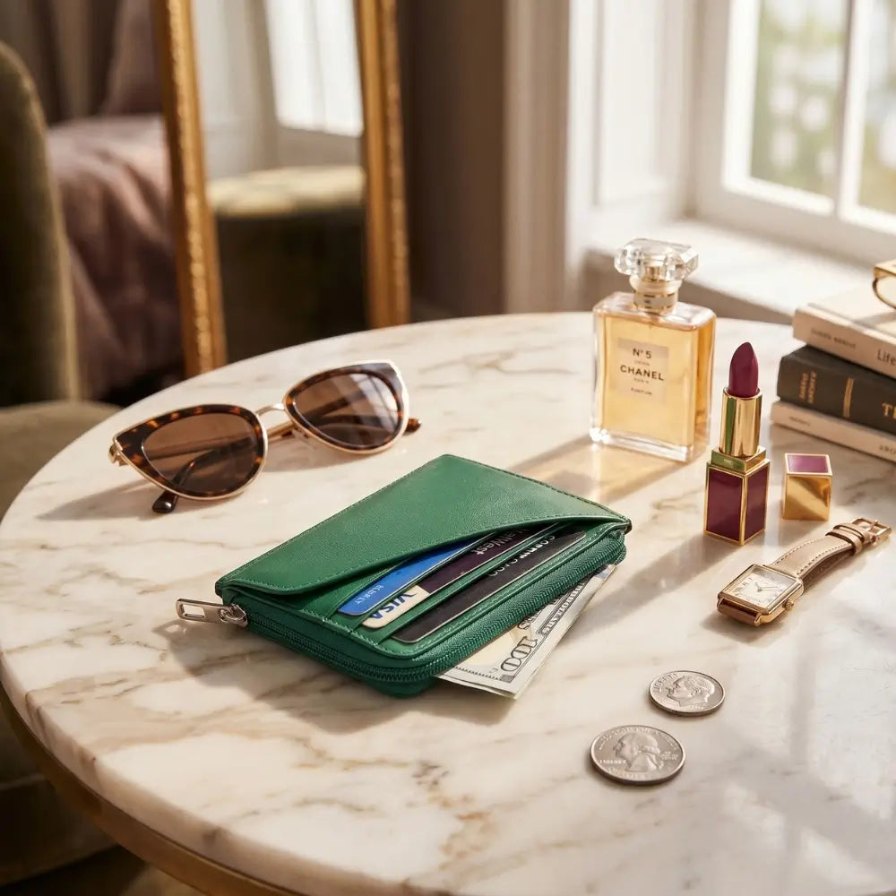 Green wallet with sunglasses, money, coins, and a watch on a marble table.