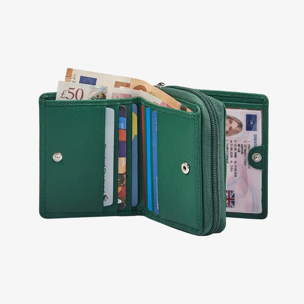 Women's green leather purse with zipped coin compartment
