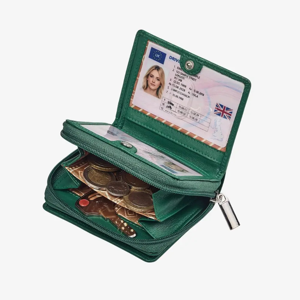 Compact green leather purse with card slots and ID windows