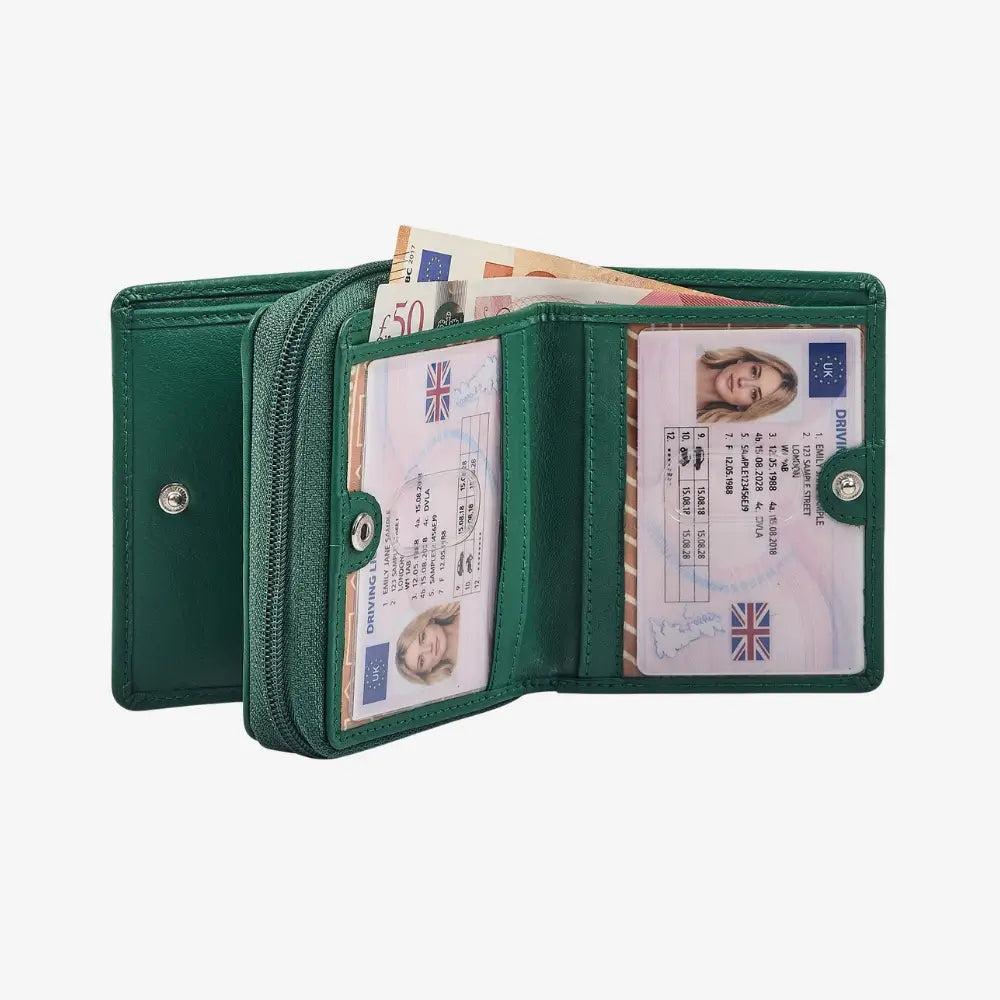 Green wallet open to show various cards and documents on a white background