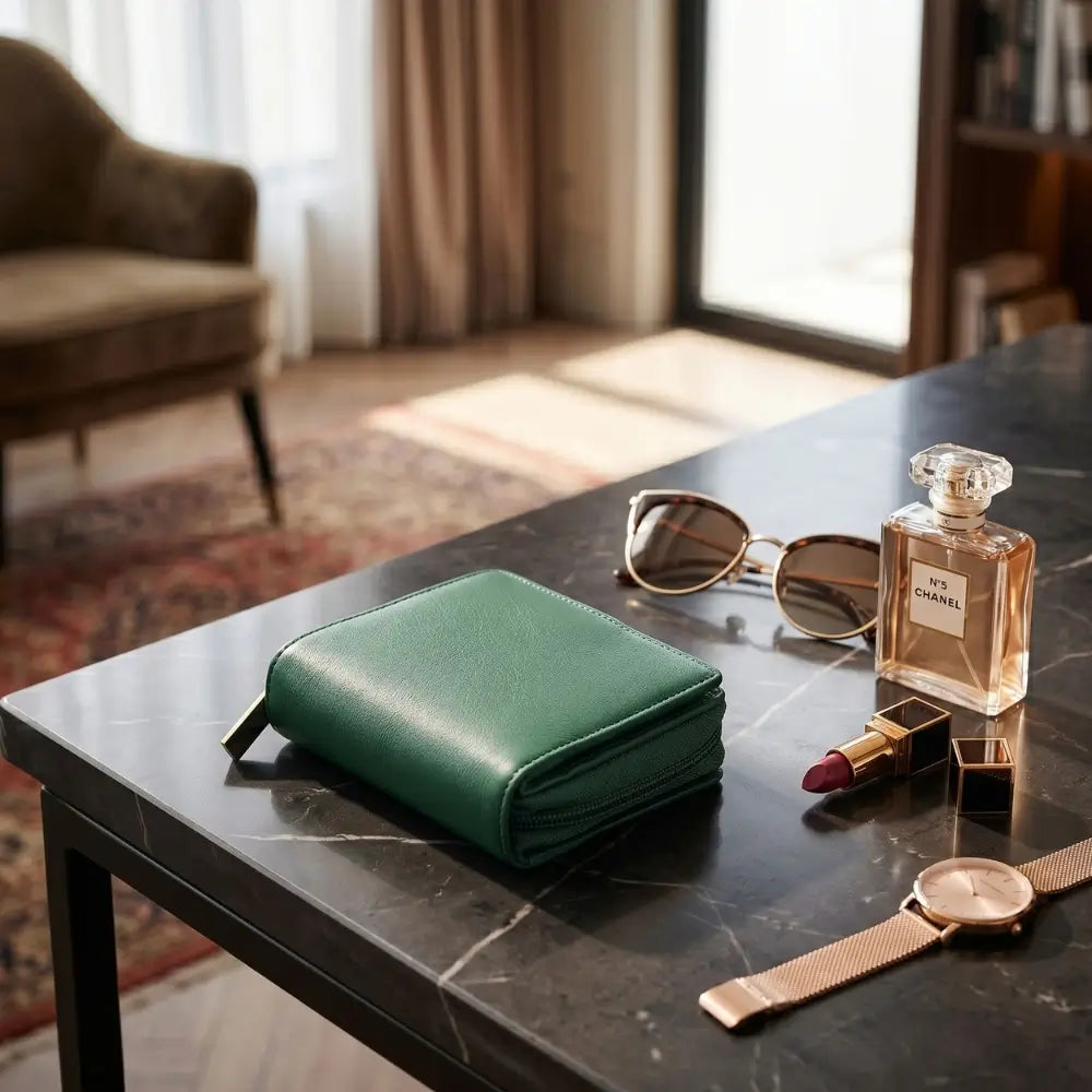 Green wallet, sunglasses, perfume bottle, lipstick, and watch on a dark marble table in a room with a couch and curtains.