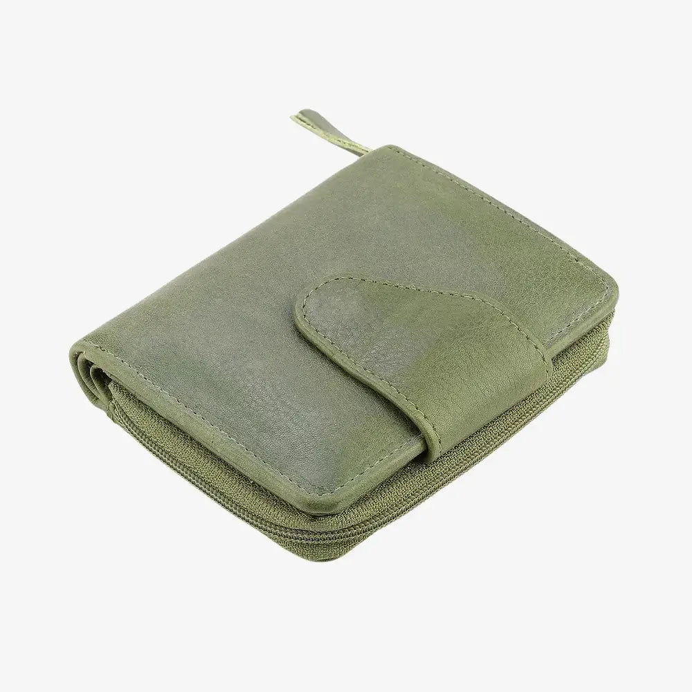 Top view of Green leather purse on a white background