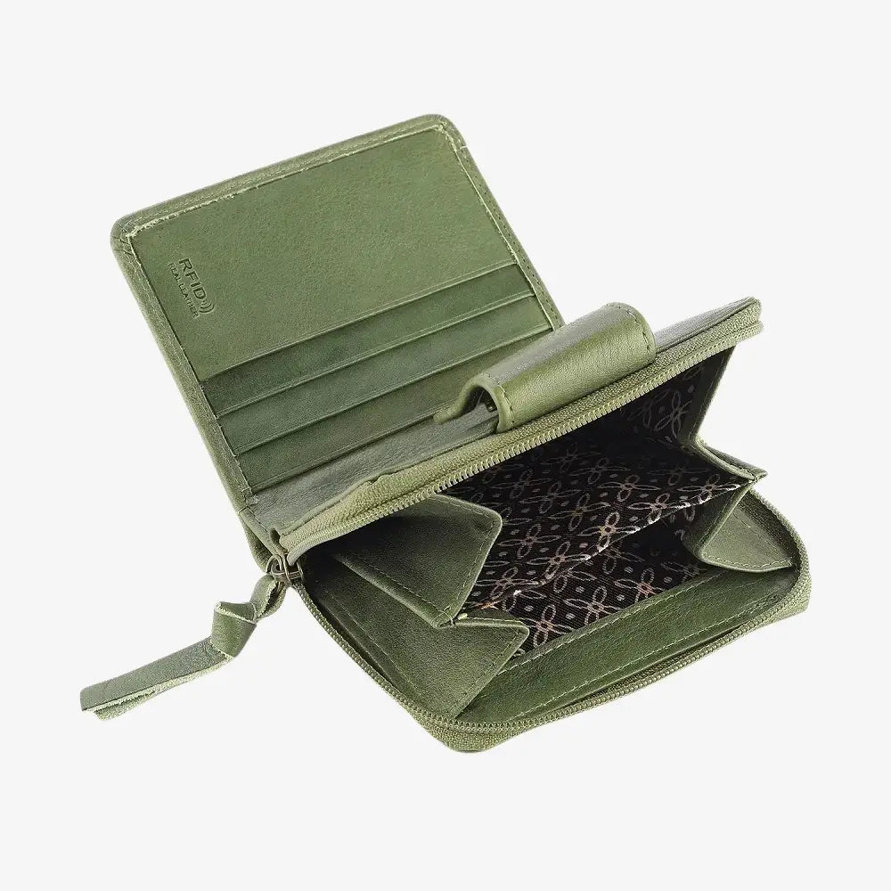 Green wallet with a patterned interior on a white background