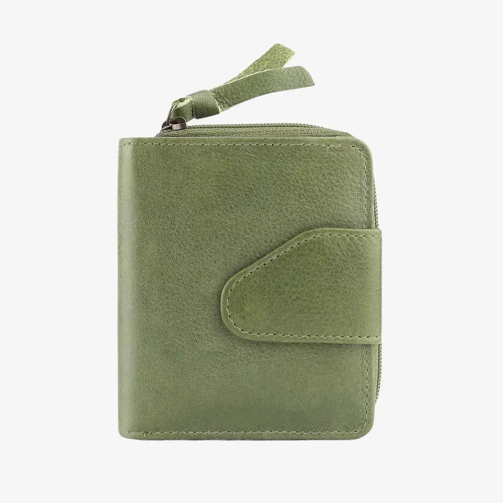 Front view of Green wallet with a zipper on a white background
