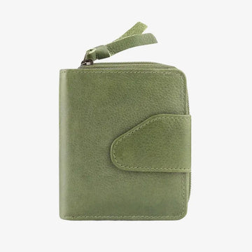 Front view of Green wallet with a zipper on a white background