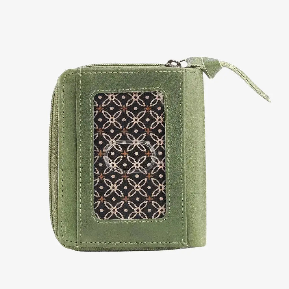 Front view of Green wallet with a zipper on a white background
