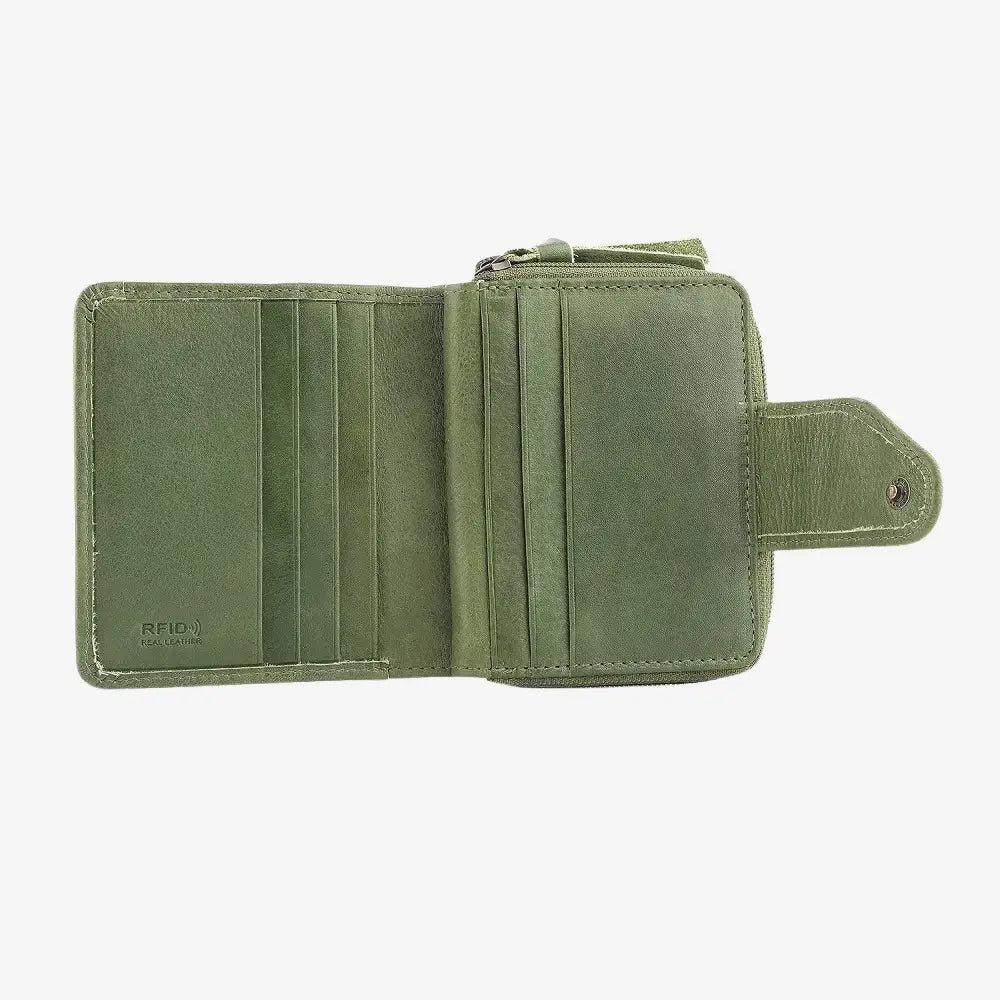Green wallet with multiple card slots on a white background