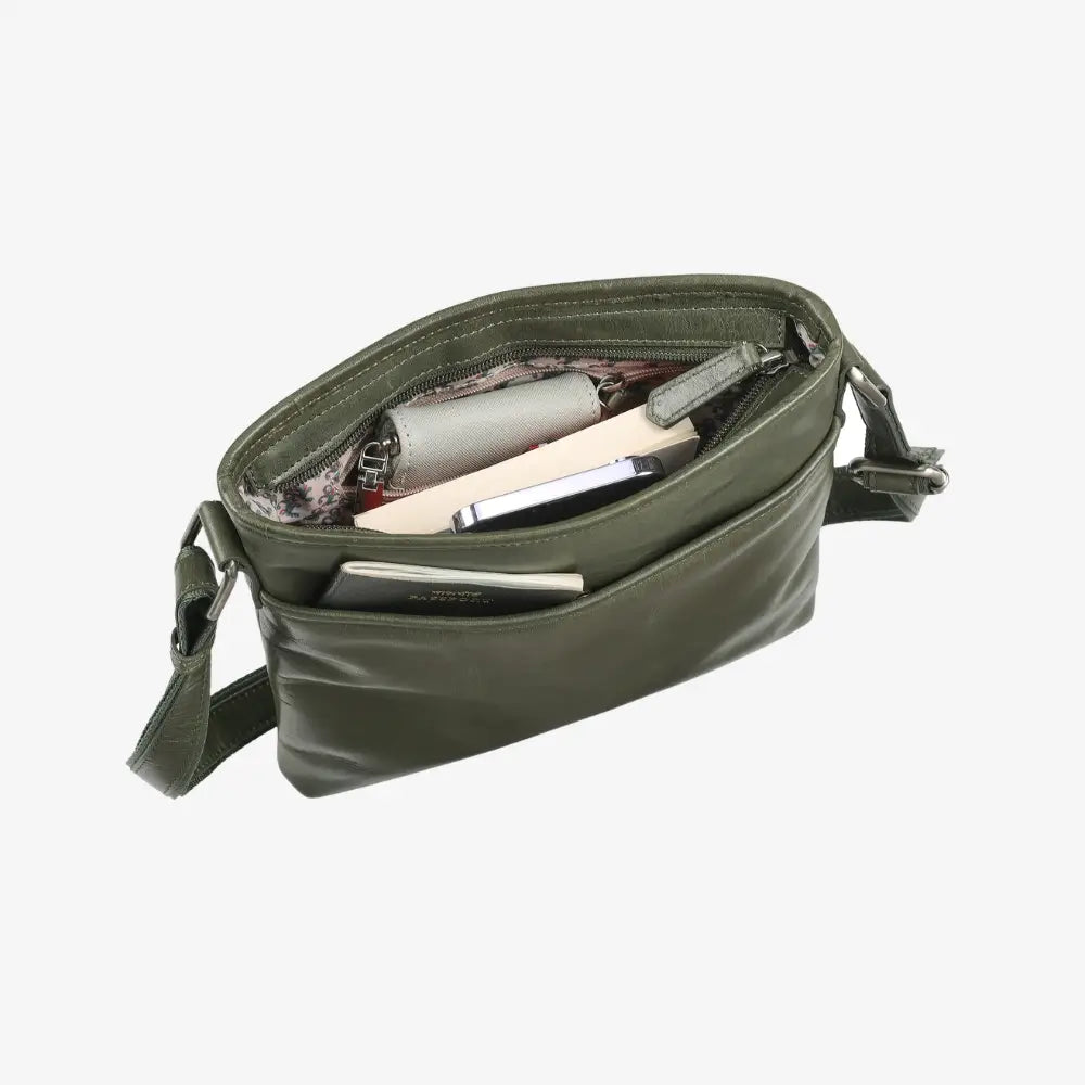 Spacious green leather handbag for travel and shopping