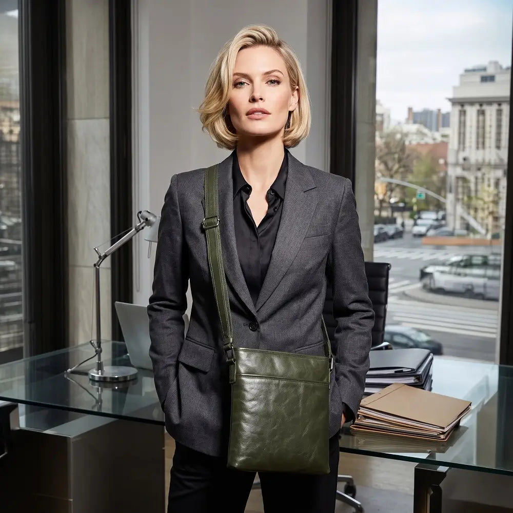 Woman in a professional setting holding a green leather bag