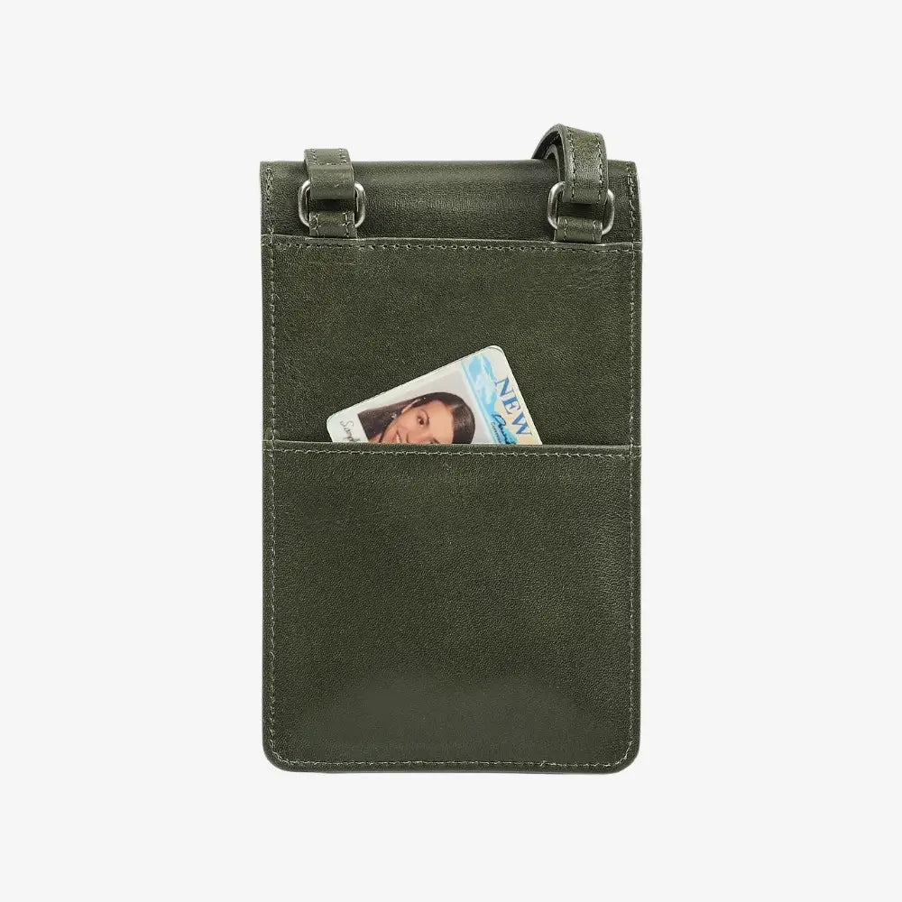 Green phone pouch with a card pocket on a white background