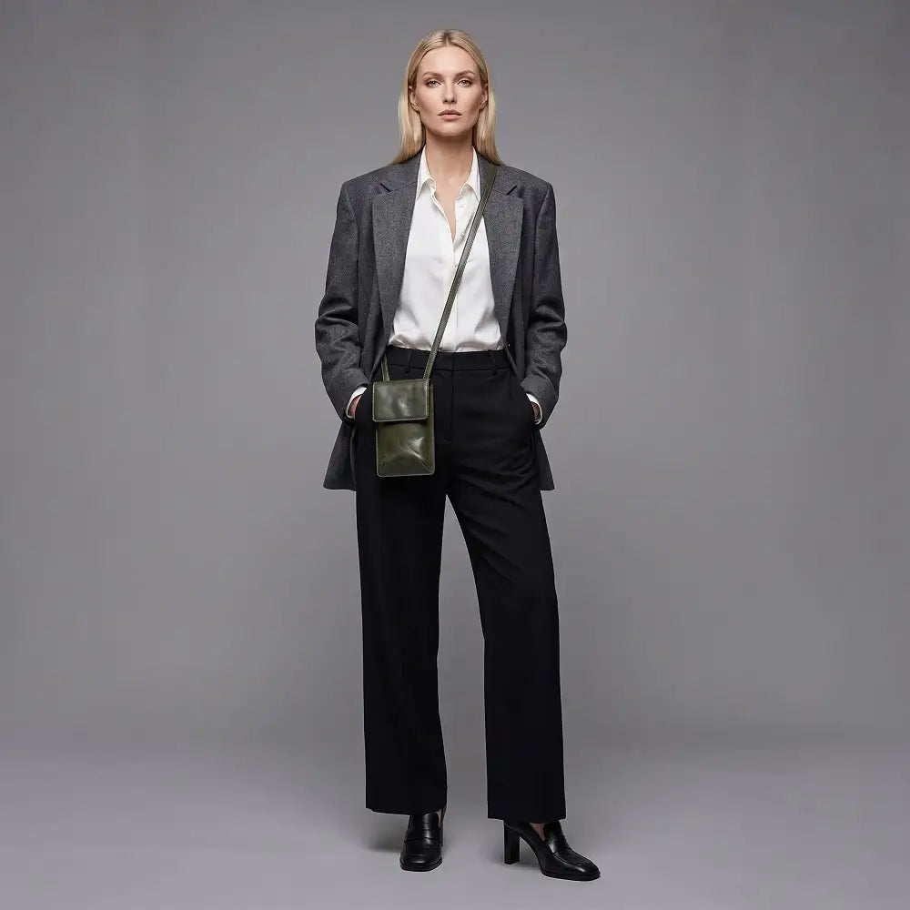 Woman wearing a gray blazer and black pants with a green bag on a gray background