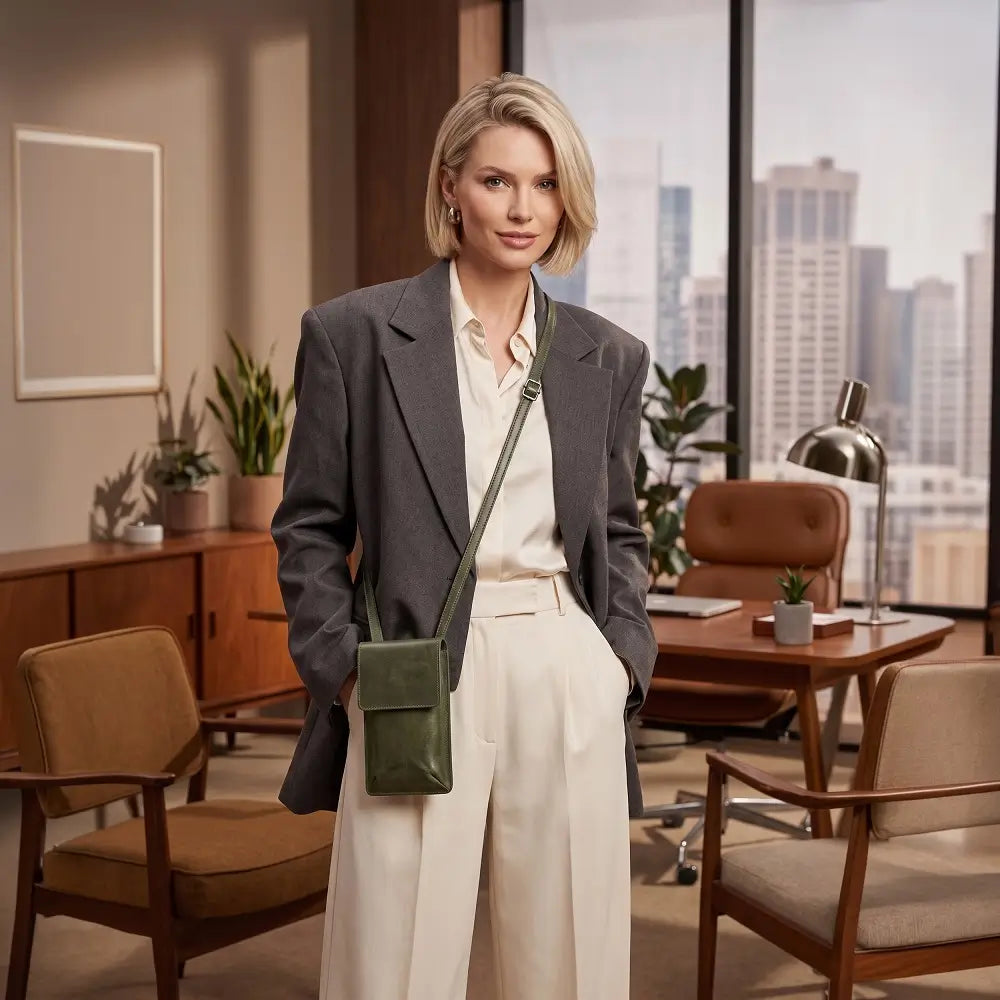 Woman in a stylish outfit standing with a green phone bag