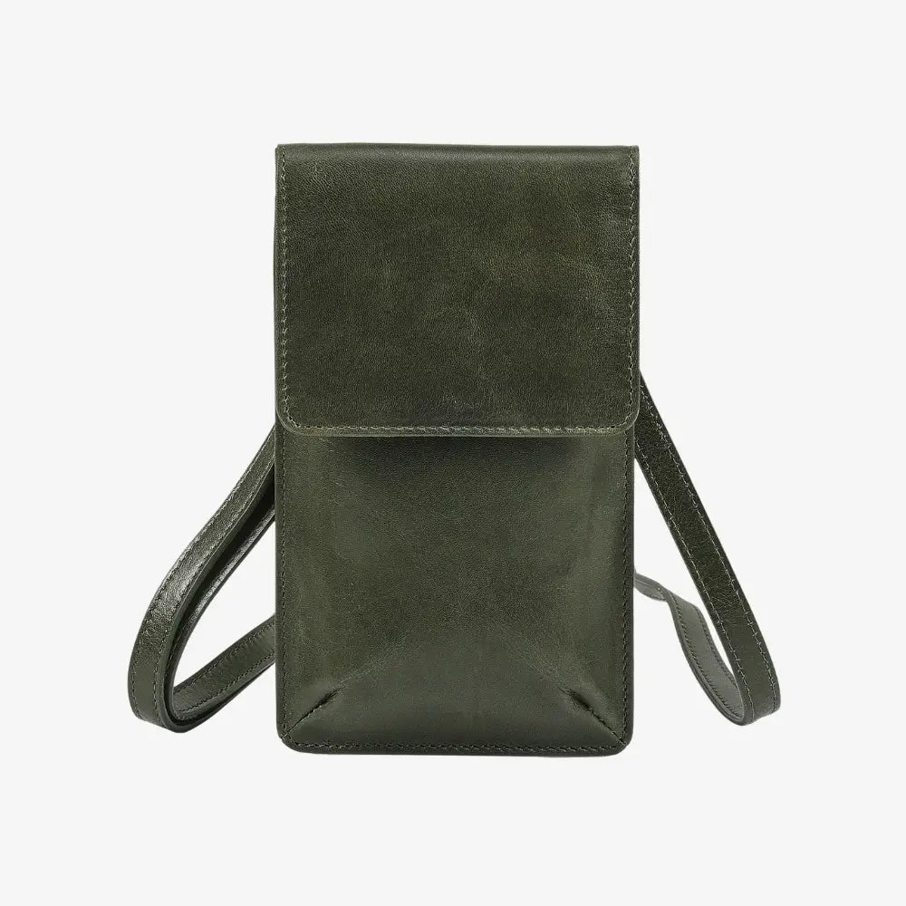 Velura real leather phone bag in green with crossbody strap