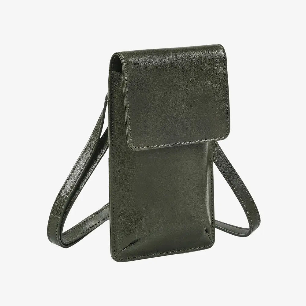 Green leather phone bag for women with magnetic flap closure