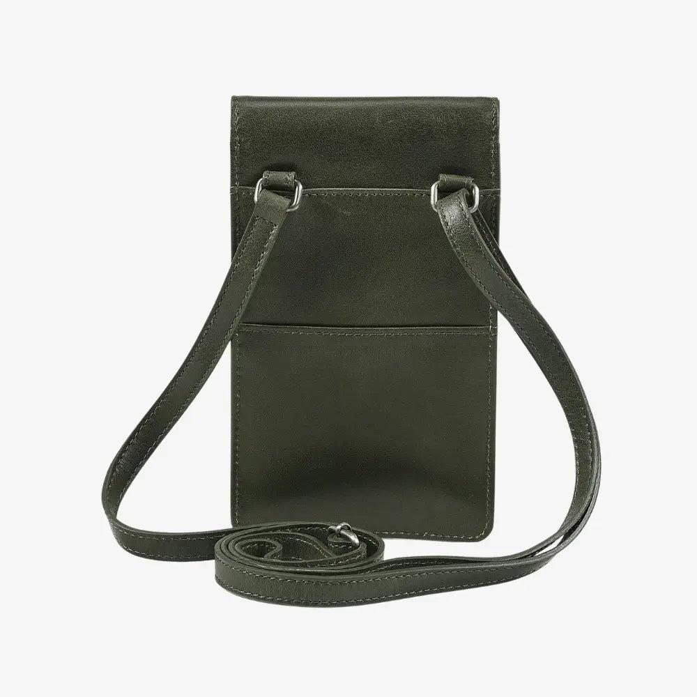 Compact green leather phone holder bag with rear pocket