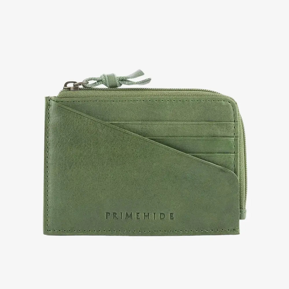 Green wallet with card slots and a zipper, featuring the Primehide brand, on a white background.