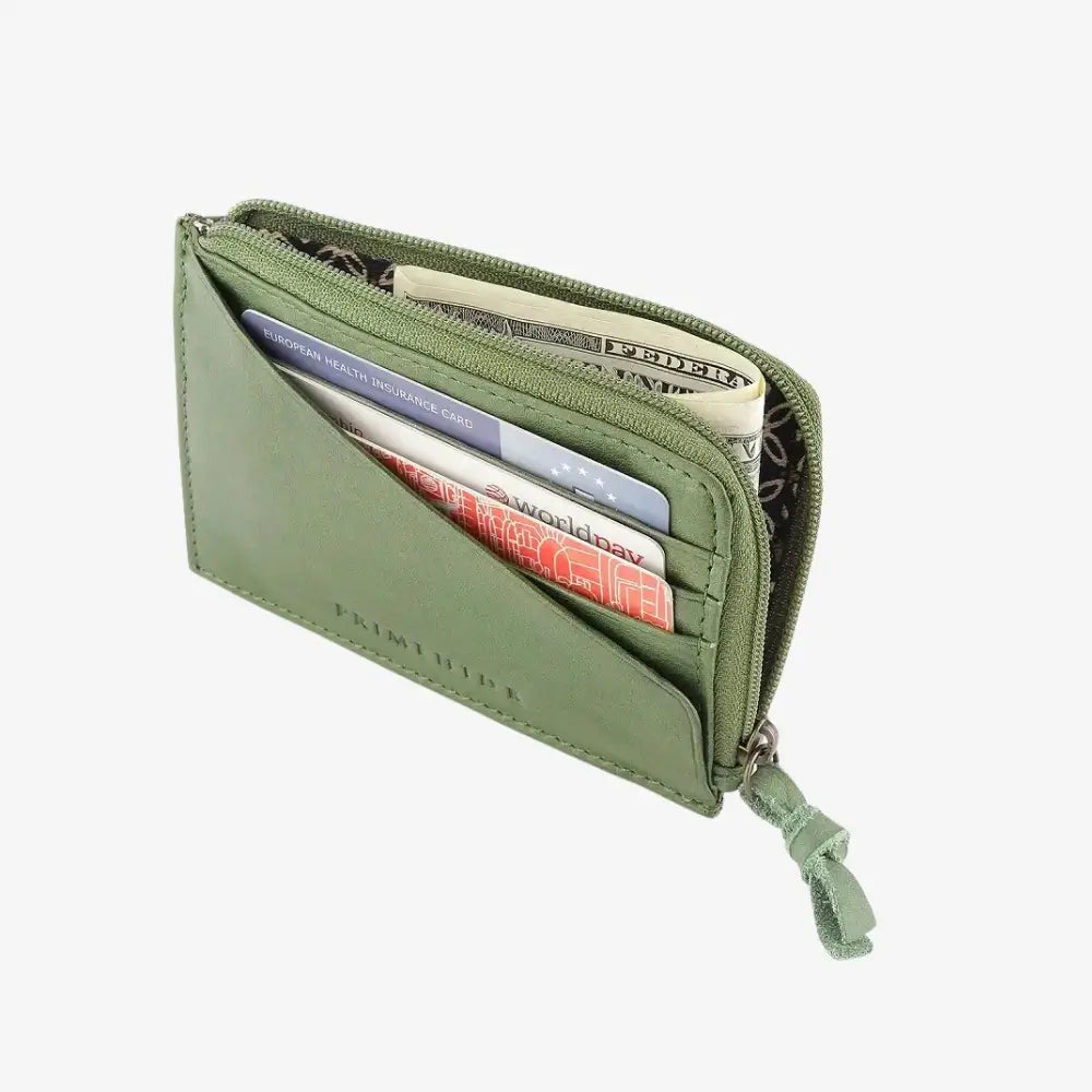 Green wallet with money and cards on a white background