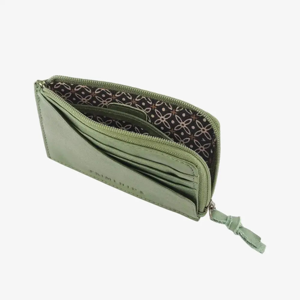 Green wallet with a patterned interior on a white background