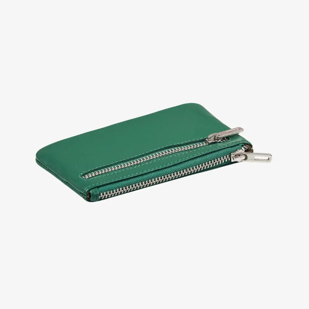 Green leather coin purse for women with double zip closure