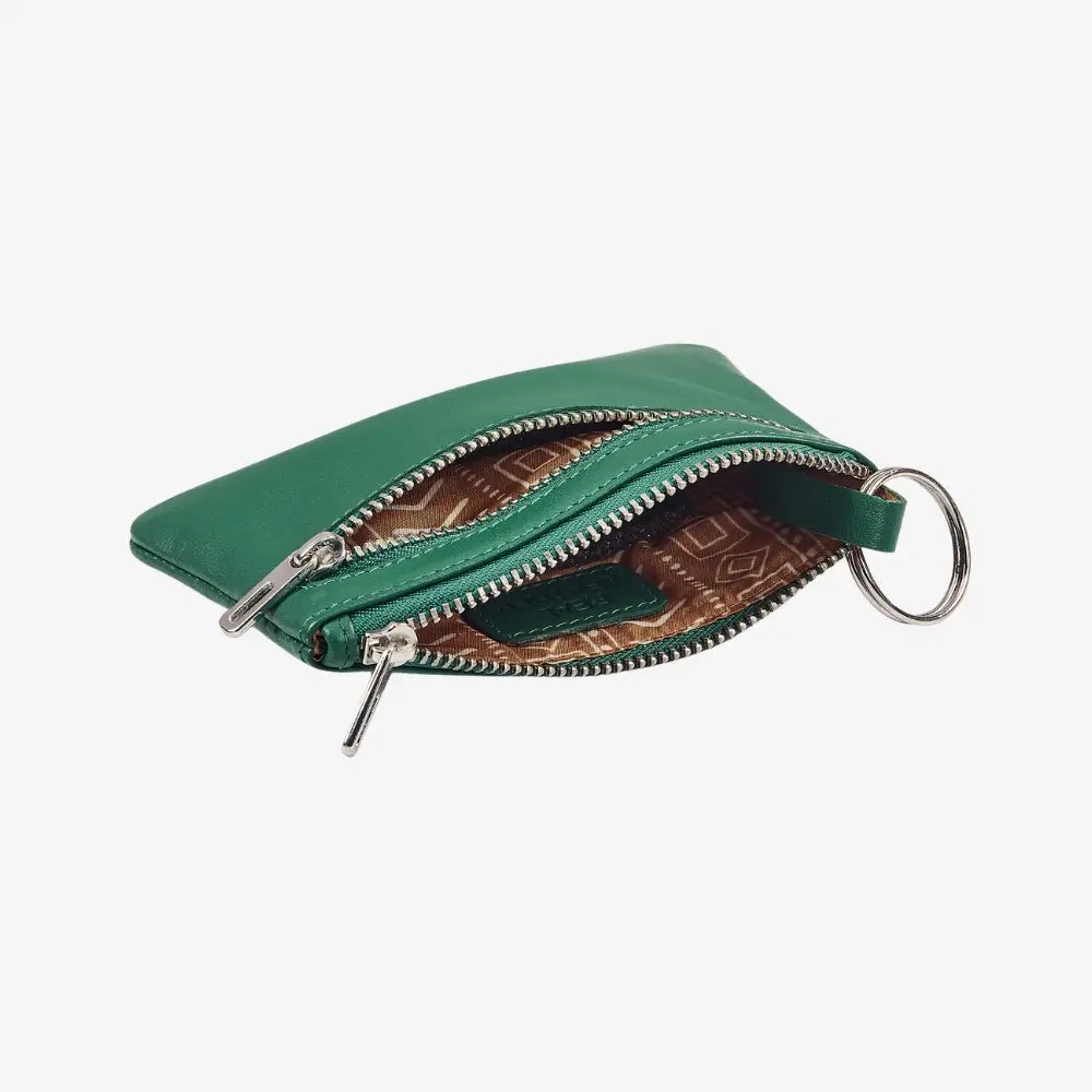 Green ladies leather coin purse with two zip pockets