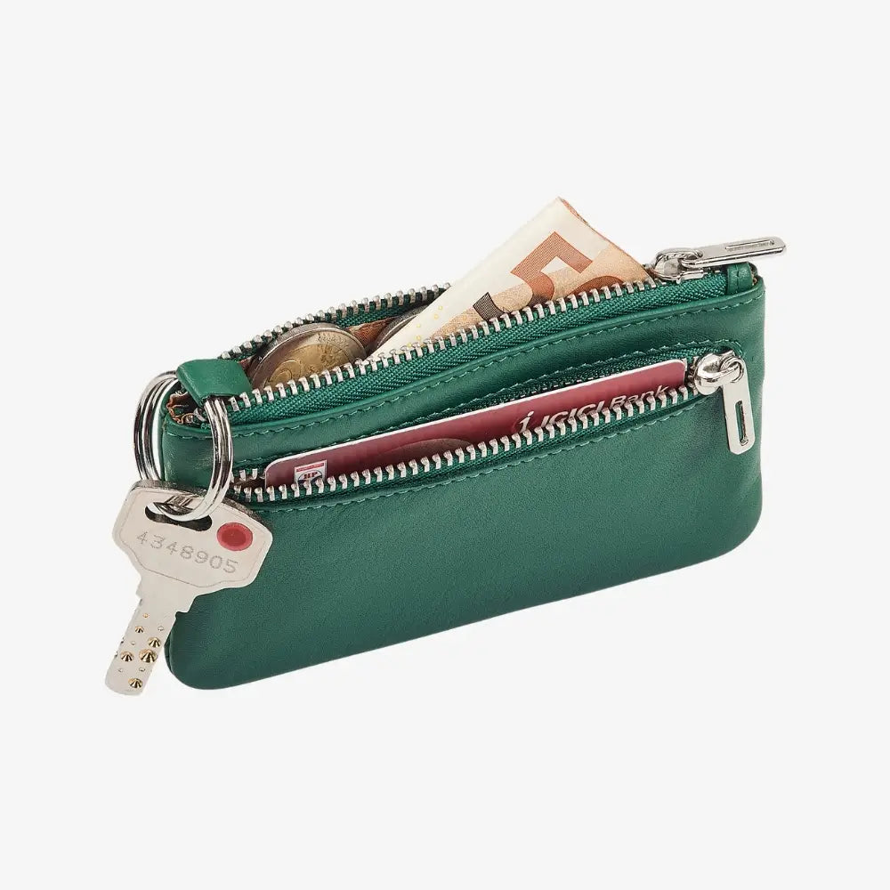 Green real leather coin pouch for coins and keys