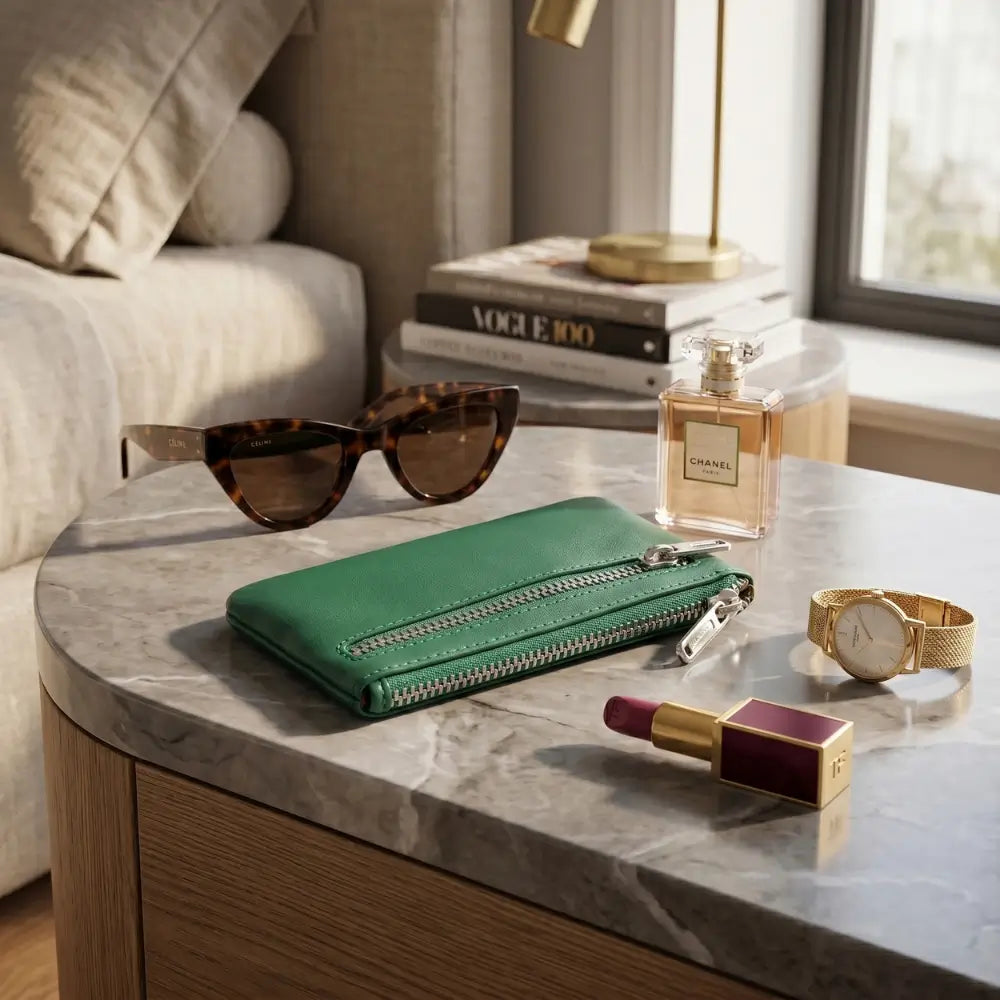 Green wallet, sunglasses, perfume bottle, lipstick, and watch on a marble surface with a couch and books in the background.