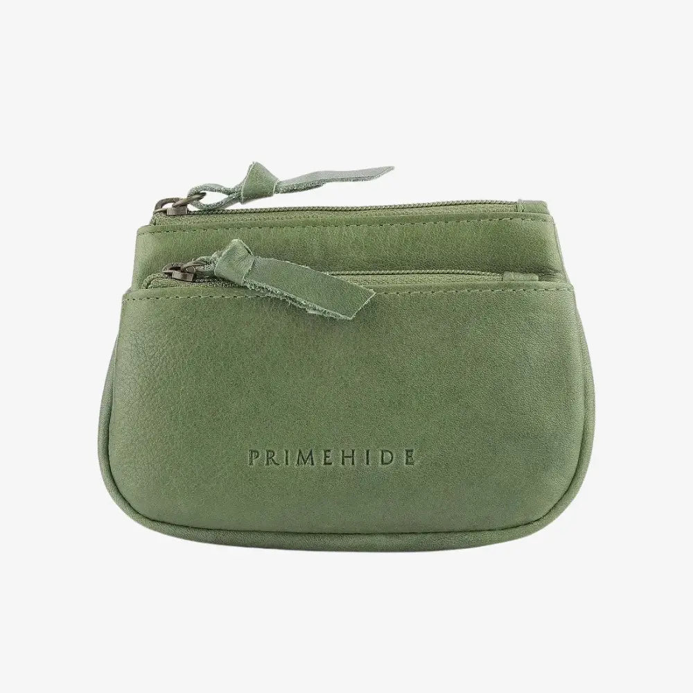 Green leather pouch with 'PRIMEHIDE' branding on a white background