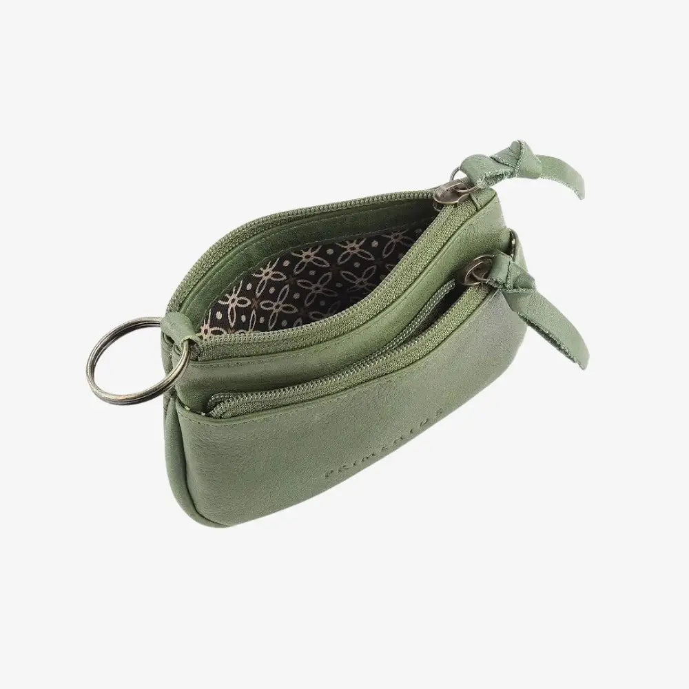 Green keychain pouch with zipper on a white background