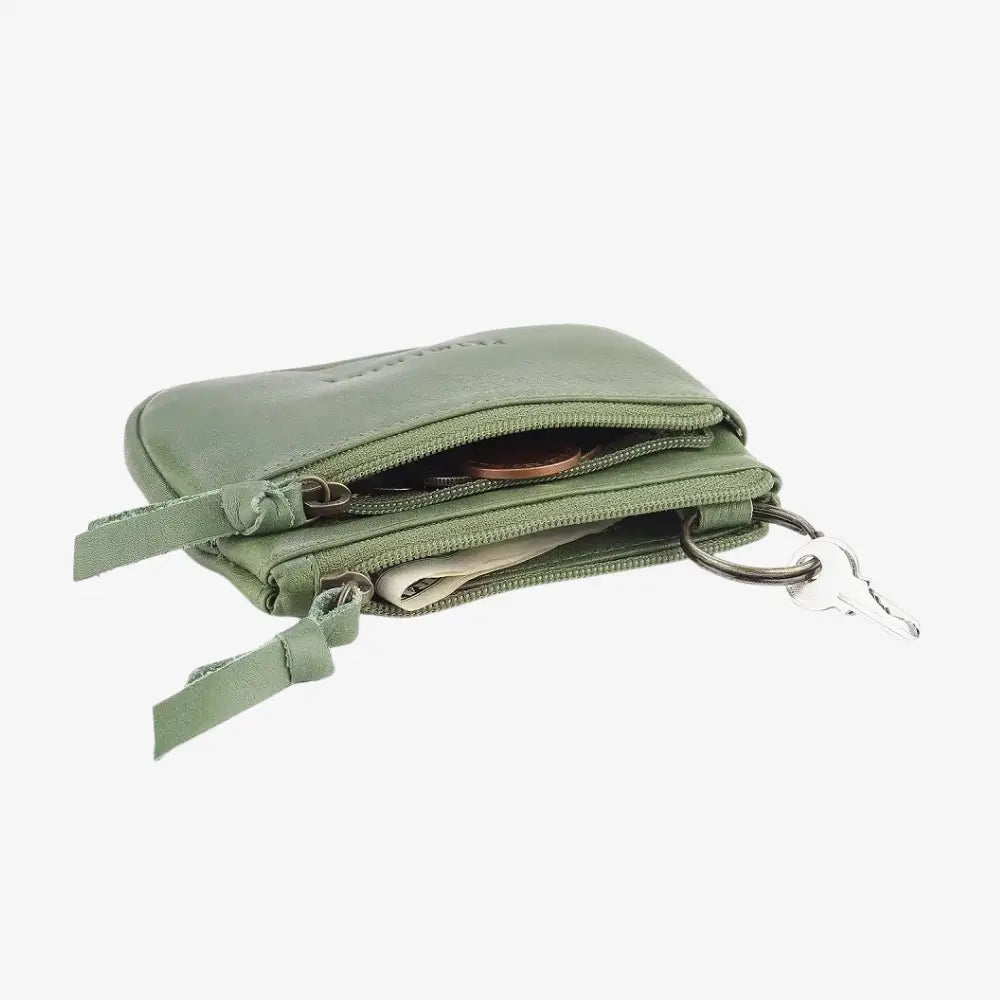 Green wallet with keychain on a white background